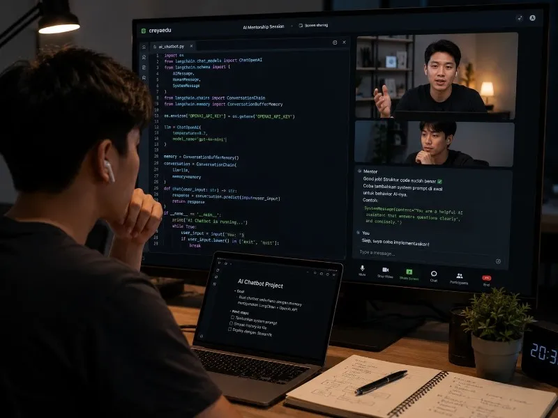 Proses bimbingan online tatap muka satu lawan satu via video call interaktif dengan pembahasan baris kode secara personal