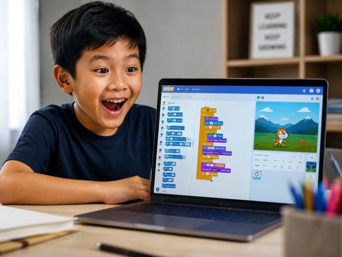 Anak usia 8-10 tahun dengan ekspresi gembira dan antusias belajar koding visual Scratch di depan laptop