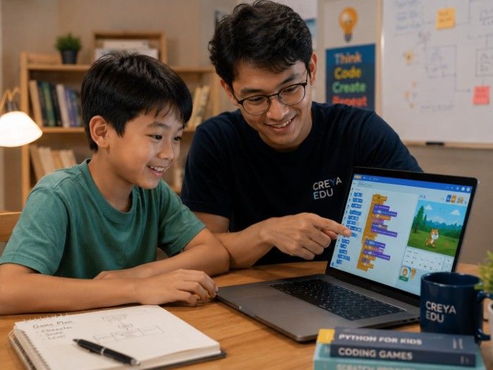 Putra-putri ceria dan antusias belajar koding interaktif di depan laptop