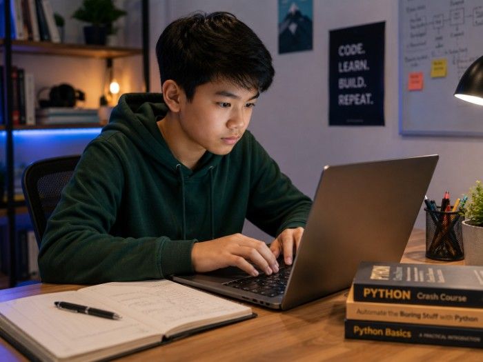 Remaja usia 12-14 tahun fokus mengetik syntax kode Python secara serius dan menyenangkan di komputer
