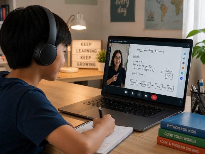 Suasana kelas koding anak online profesional via Zoom memanfaatkan interaksi whiteboard interaktif jarak jauh