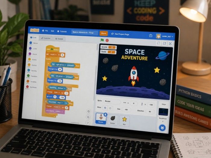 Close-up antarmuka visual coding block penuh warna hasil karya mandiri project game anak