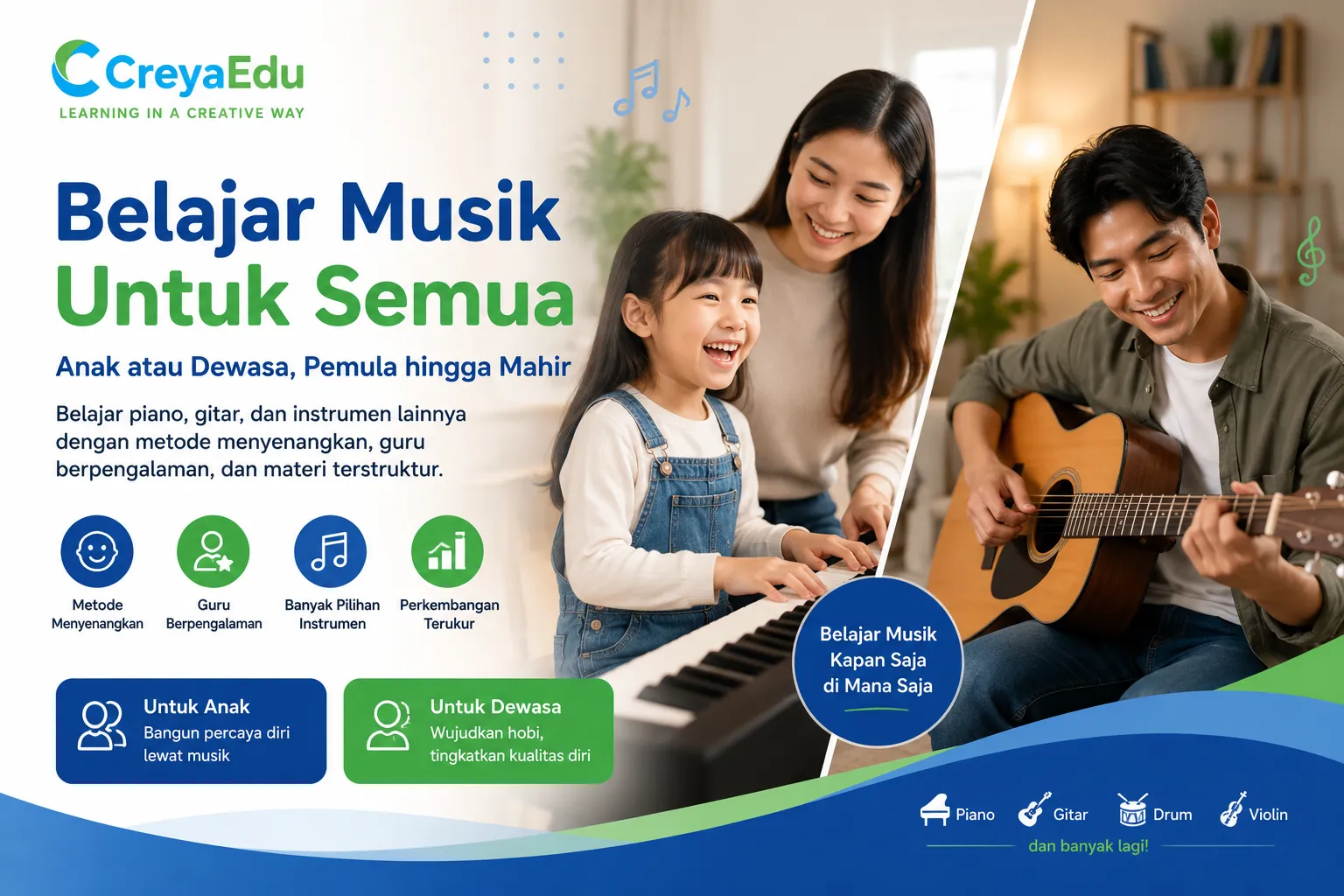 Sesi les privat piano anak bersama guru di Creya Edu dengan suasana yang warm, ceria, dan interaktif