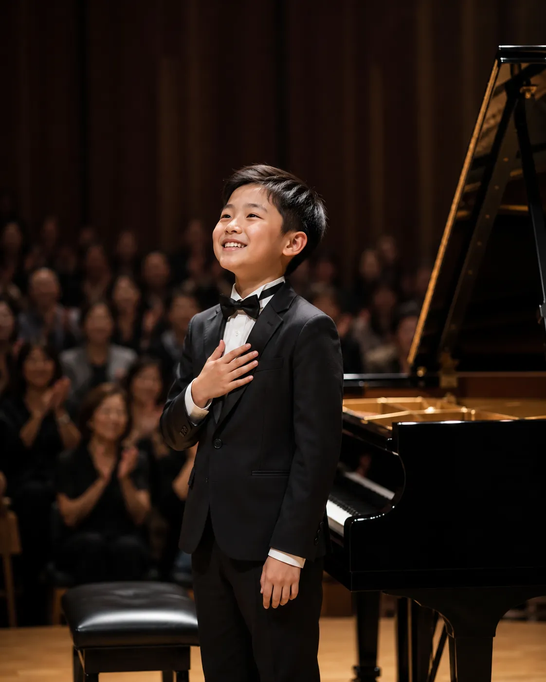 Seorang anak perempuan sedang fokus tampil percaya diri dalam acara recital musik formal
